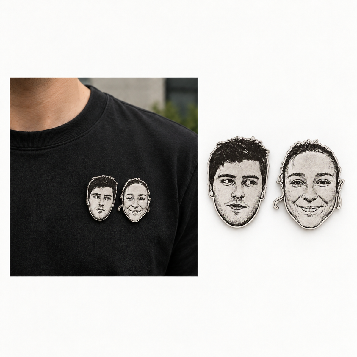Personalisierte Anstecknadel aus Edelstahl mit graviertem Porträt nach Foto